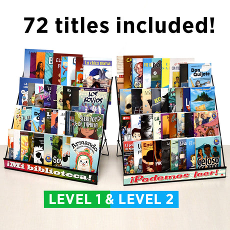 Spanish FVR library book display with multiple Level 1 and 2 readers for classroom free voluntary reading programs.