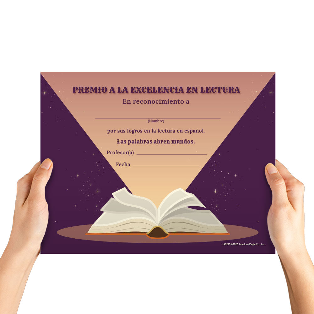 Spanish reading certificate set of 15, celebrating student reading milestones for Spanish world language classroom programs.