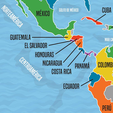 Spanish-speaking countries map displaying country names and geographic regions written entirely in Spanish.