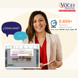 Voces Digital subscription platform showing world language digital curriculum with native-speaker audio, video, and customizable lessons for Spanish, French, and German classrooms.