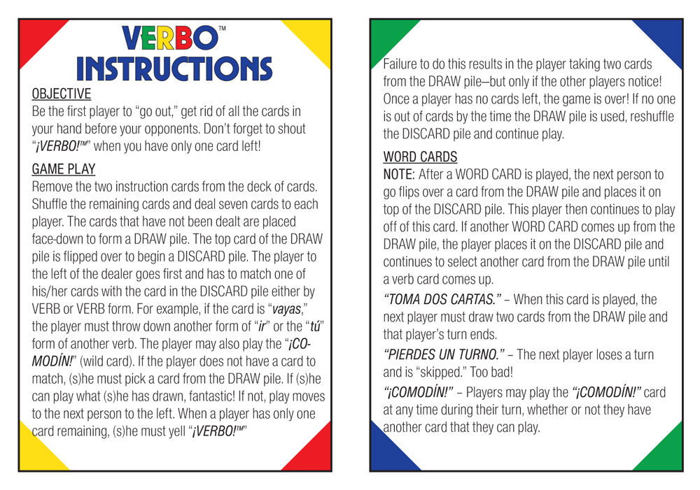 Verbo™ Spanish Card Game Present Tense Reflexive Verbs