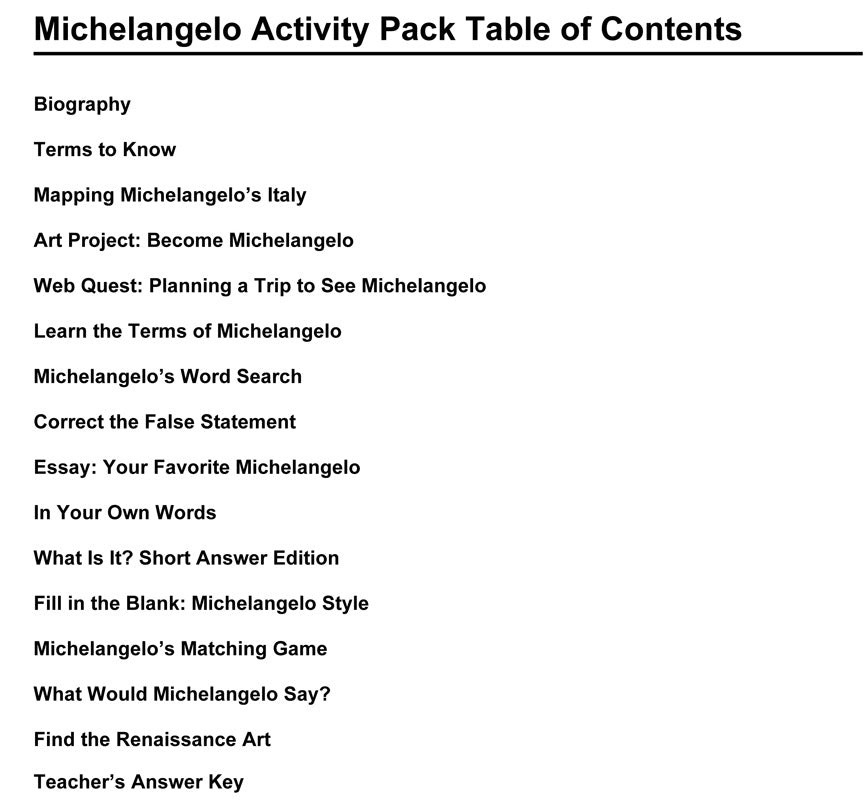 Michelangelo Activity Packet Download