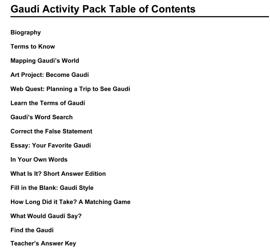 Antoni Gaudi Activity Packet Download