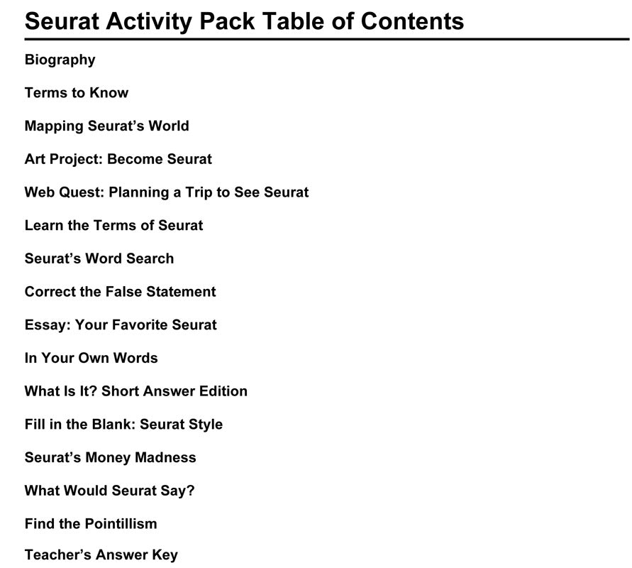 Georges Seurat Activity Packet Download