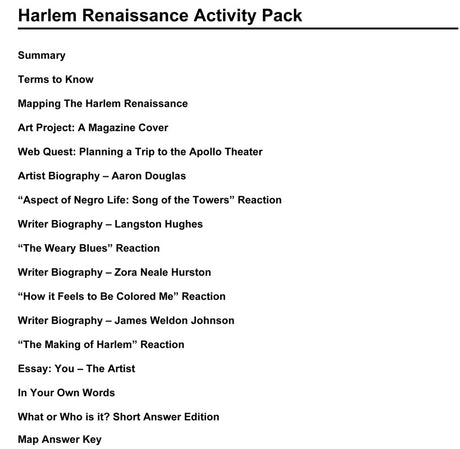 Harlem Renaissance Activity Packet Download